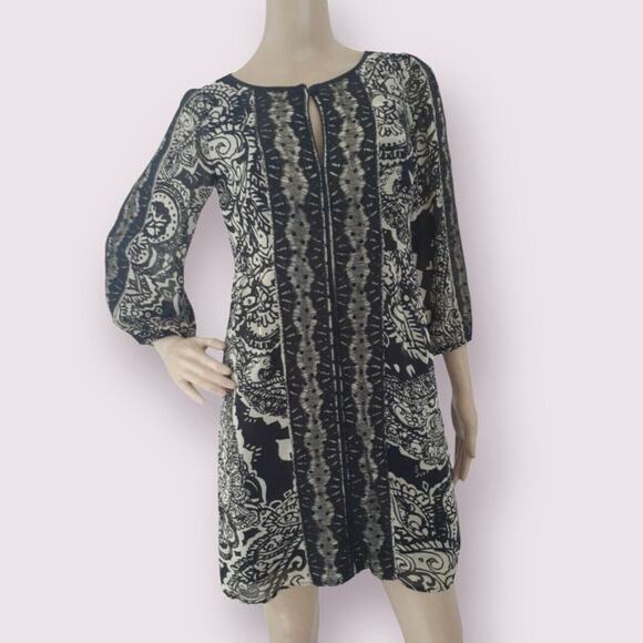 Nanette Lepore Silk Dress Shift 3/4 Sleeve Lace Black Ivory Floral Keyhole 12 L - Picture 2 of 11